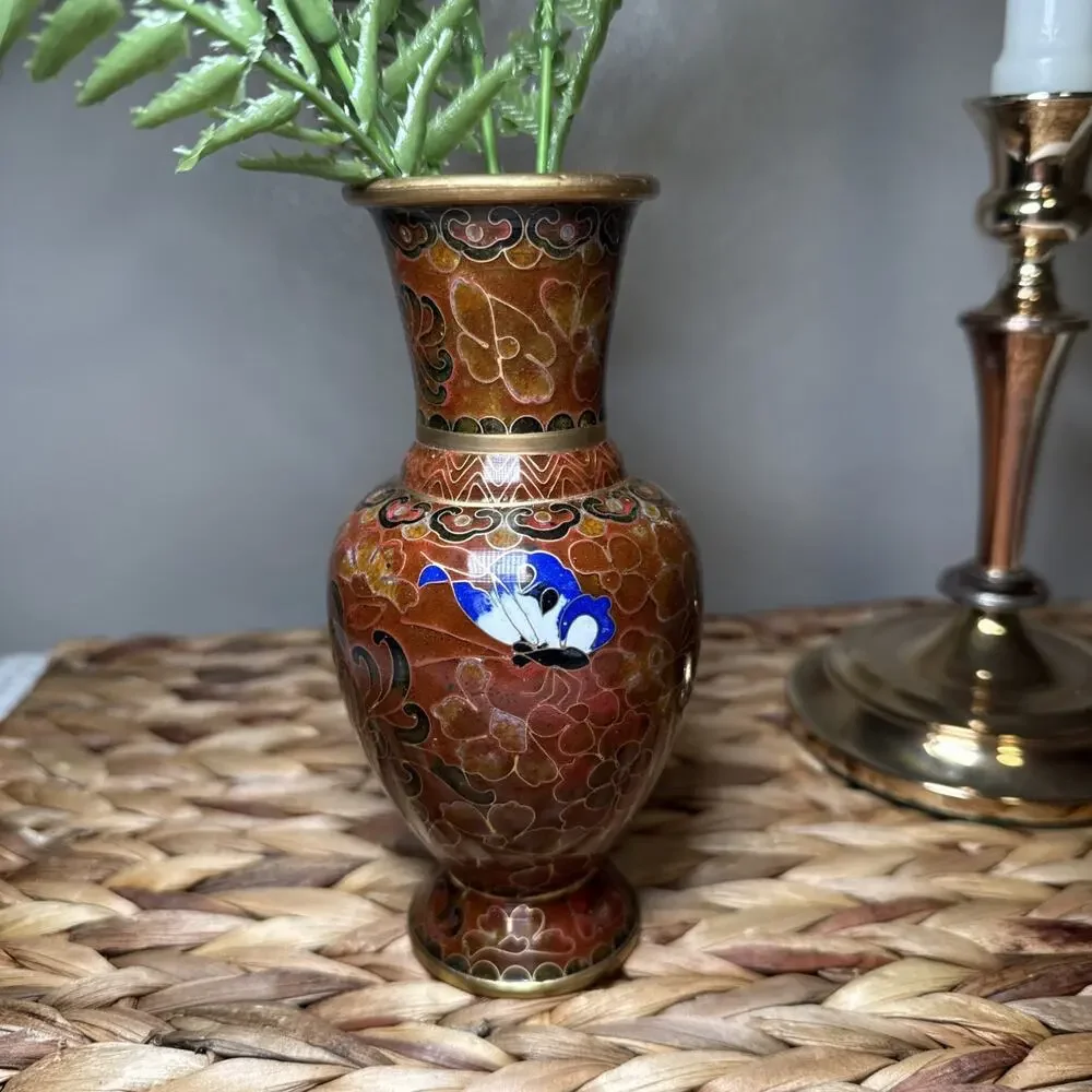 Vintage Chinese Cloisonne Vase Brass Enamel Floral Chinoiserie 6” Asian Decor